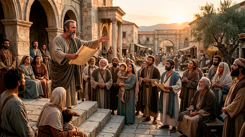 The Apostle Paul preaching the Gospel to a crowd in a first-century city