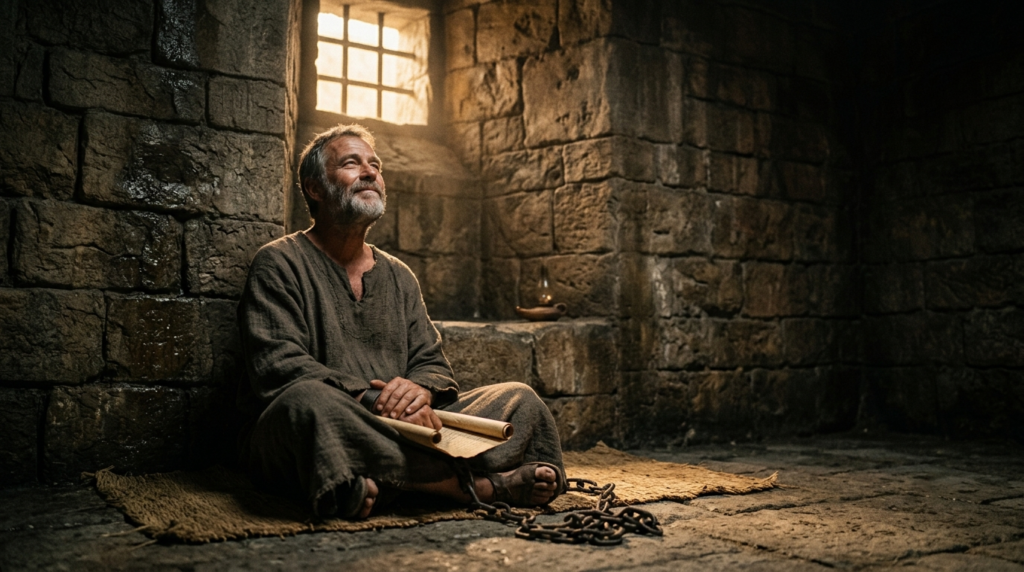 Ilustração de um homem em uma prisão romana encontrando força em Deus, representando o verdadeiro significado de Filipenses 4:13.