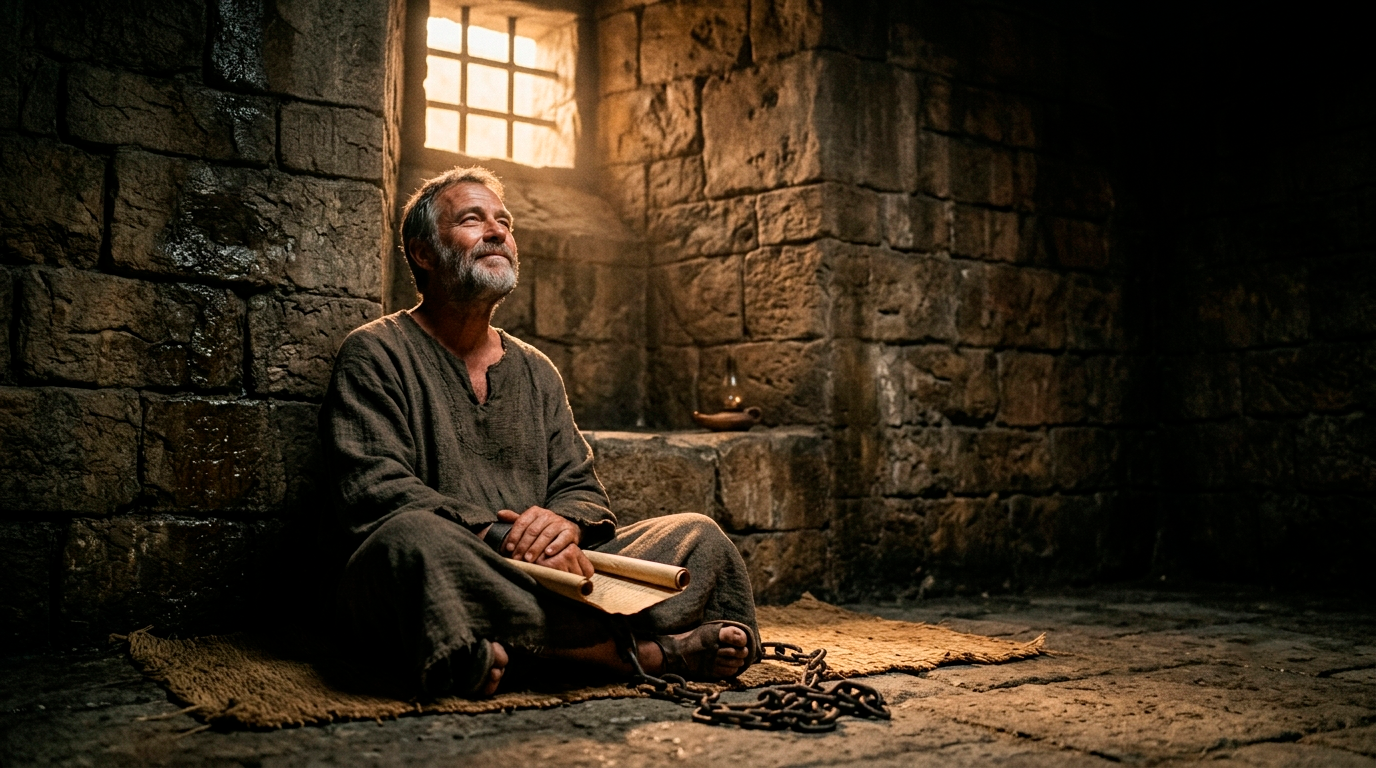 Ilustração de um homem em uma prisão romana encontrando força em Deus, representando o verdadeiro significado de Filipenses 4:13.
