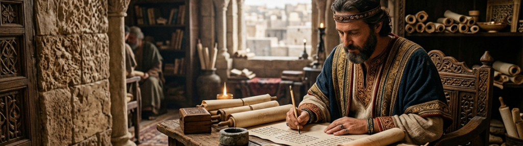 King Solomon writing the Book of Proverbs at an ancient wooden desk, surrounded by scrolls and illuminated by warm sunlight, symbolizing divine wisdom and understanding.