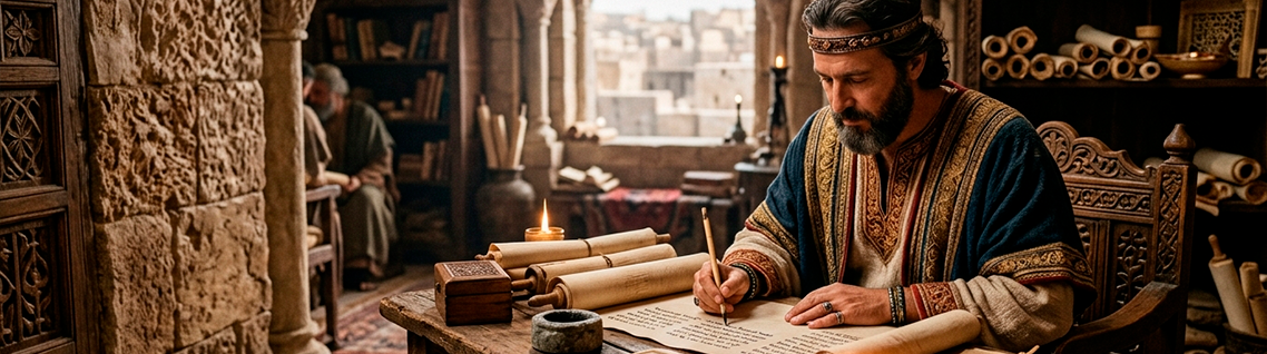 King Solomon writing the Book of Proverbs at an ancient wooden desk, surrounded by scrolls and illuminated by warm sunlight, symbolizing divine wisdom and understanding.
