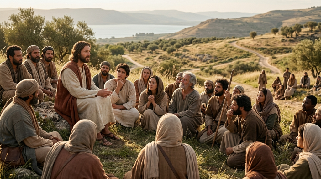 Jesus ensinando no Sermão do Monte sobre não julgar com hipocrisia e agir com misericórdia e humildade.