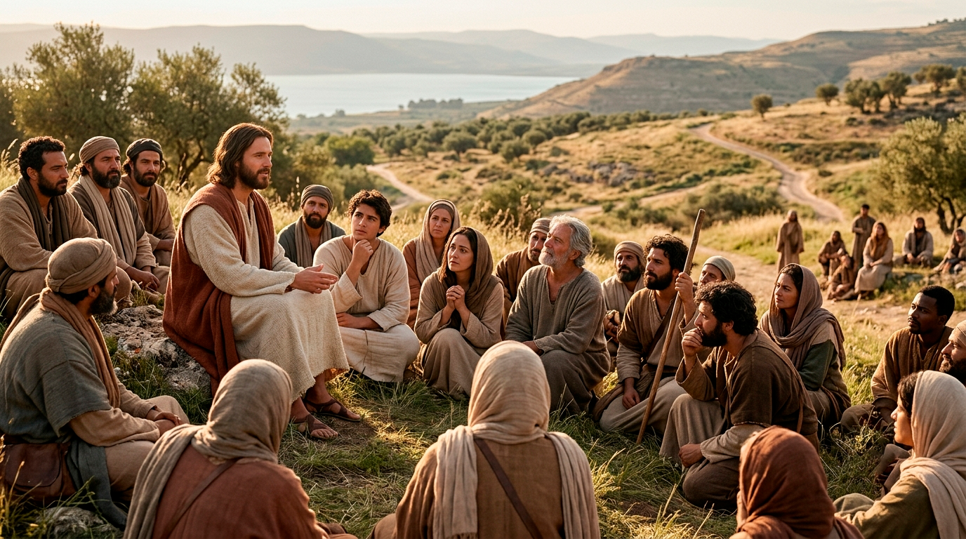 Jesus ensinando no Sermão do Monte sobre não julgar com hipocrisia e agir com misericórdia e humildade.