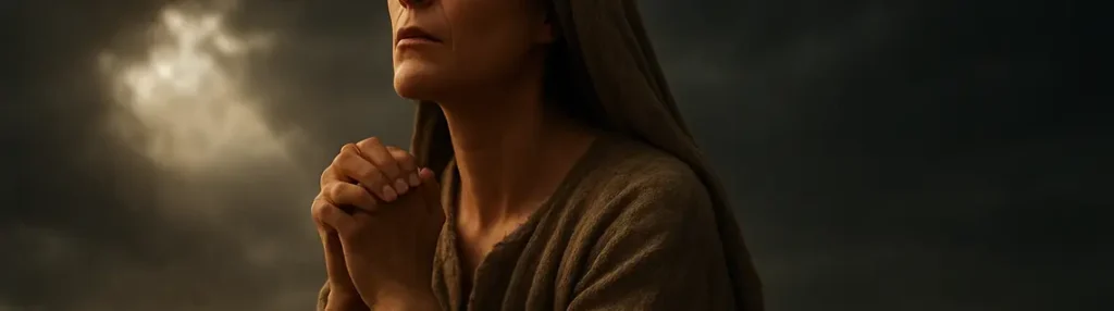 A man praying in a serene landscape, reflecting perseverance in faith during trials.